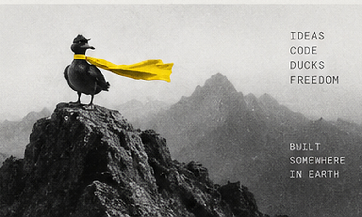 A duck on a rock wearing a yellow scarf
