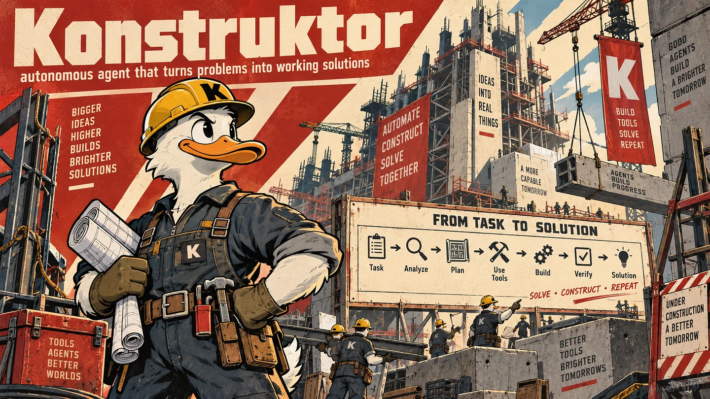 Плакат Konstruktor: утка-инженер в каске на большой стройке