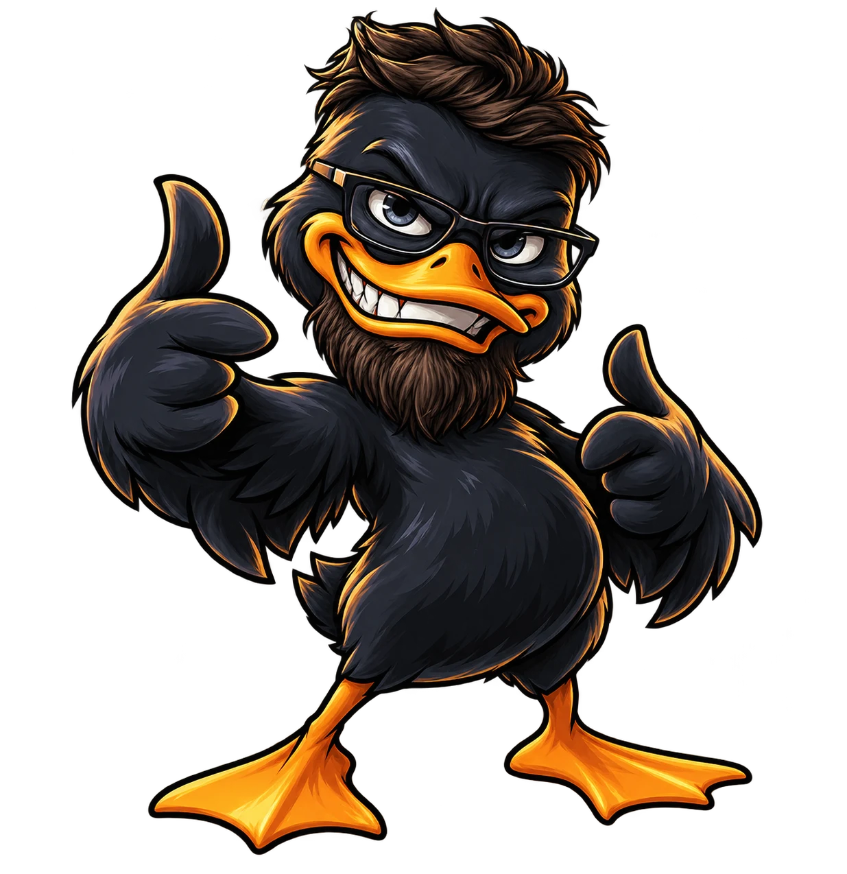 The Mad Duck mascot, a black duck in glasses giving two thumbs up