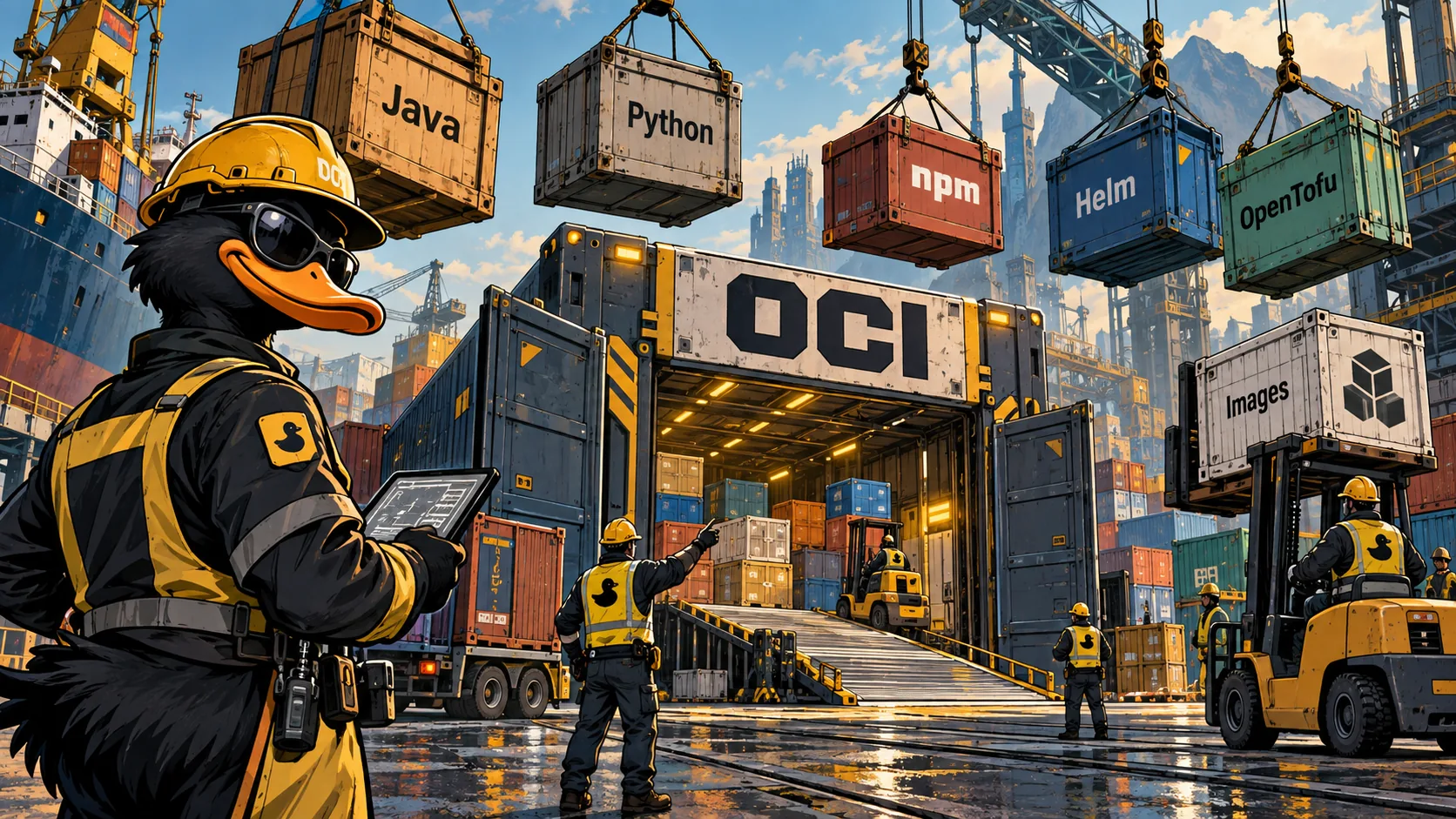 A black duck in a yellow hard hat at a container terminal, where Java, Python, npm, Helm, and OpenTofu are headed for OCI